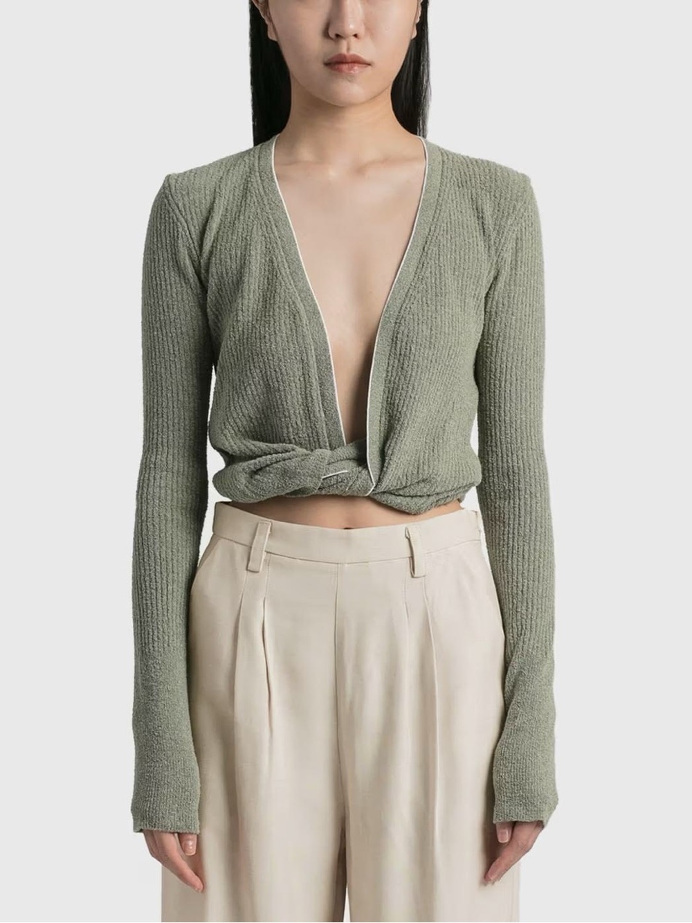 Jacquemus Noue Sweater khaki Green boucle Twist-Front cardigan olive nwot